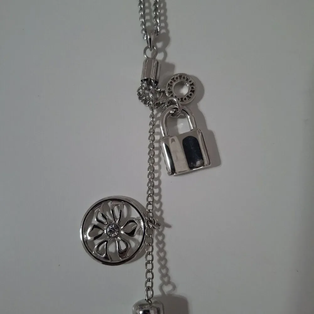 Silver Tone Lock Flower Long Rhinestone Y Drop Lariat Chain Tassel Necklace